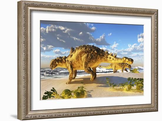 Euoplocephalus Dinosaurs Munch on Melons on an Ocean Beach-Stocktrek Images-Framed Art Print