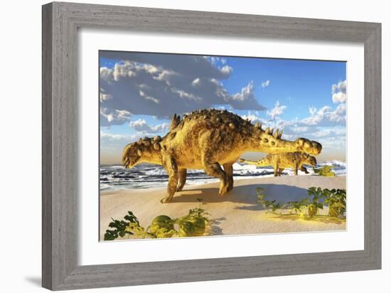 Euoplocephalus Dinosaurs Munch on Melons on an Ocean Beach-Stocktrek Images-Framed Art Print