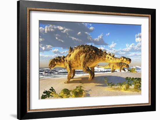 Euoplocephalus Dinosaurs Munch on Melons on an Ocean Beach-Stocktrek Images-Framed Art Print