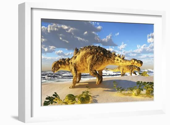 Euoplocephalus Dinosaurs Munch on Melons on an Ocean Beach-Stocktrek Images-Framed Art Print