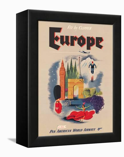 Europe - Fly by Clipper - Pan American World Airways, Vintage Airline Travel Poster, 1950s-Pacifica Island Art-Framed Stretched Canvas