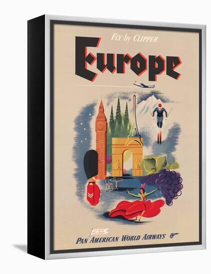 Europe - Fly by Clipper - Pan American World Airways, Vintage Airline Travel Poster, 1950s-Pacifica Island Art-Framed Stretched Canvas
