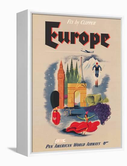 Europe - Fly by Clipper - Pan American World Airways, Vintage Airline Travel Poster, 1950s-Pacifica Island Art-Framed Stretched Canvas