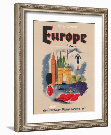 Europe - Fly by Clipper - Pan American World Airways, Vintage Airline Travel Poster, 1950s-Pacifica Island Art-Framed Art Print