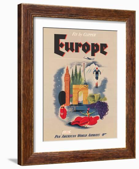 Europe - Fly by Clipper - Pan American World Airways, Vintage Airline Travel Poster, 1950s-Pacifica Island Art-Framed Art Print