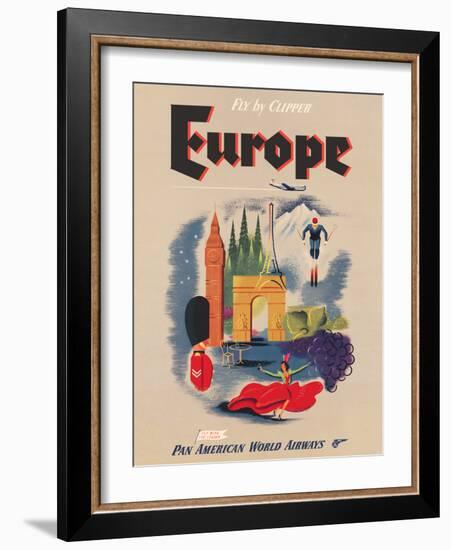 Europe - Fly by Clipper - Pan American World Airways, Vintage Airline Travel Poster, 1950s-Pacifica Island Art-Framed Art Print