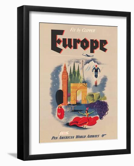 Europe - Fly by Clipper - Pan American World Airways, Vintage Airline Travel Poster, 1950s-Pacifica Island Art-Framed Art Print