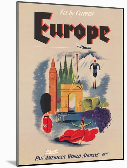 Europe - Fly by Clipper - Pan American World Airways, Vintage Airline Travel Poster, 1950s-Pacifica Island Art-Mounted Art Print