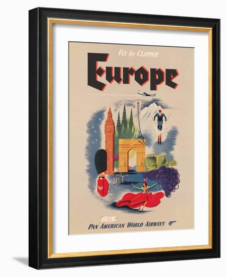 Europe - Fly by Clipper - Pan American World Airways, Vintage Airline Travel Poster, 1950s-Pacifica Island Art-Framed Art Print