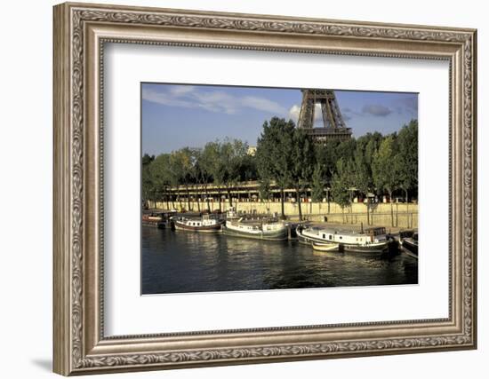 Europe, France, Paris, Eiffel Tower, Seine, barges-David Barnes-Framed Photographic Print