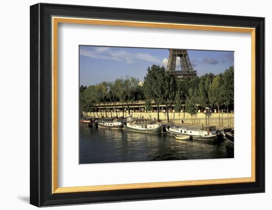 Europe, France, Paris, Eiffel Tower, Seine, barges-David Barnes-Framed Photographic Print