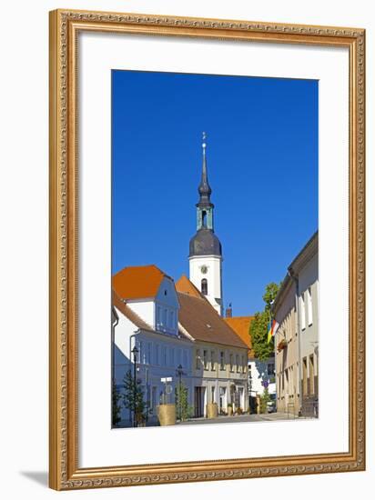 Europe, Germany, Brandenburg, Spreewald, L?bbenau, Main Street with Steeple, Sankt-Nikolai Church-Chris Seba-Framed Photographic Print