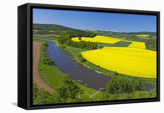 Europe, Germany, Eastern Westphalia, Rape Fields, Excursion Boat, Weser Course, Canoeist, Jetty-Chris Seba-Framed Premier Image Canvas