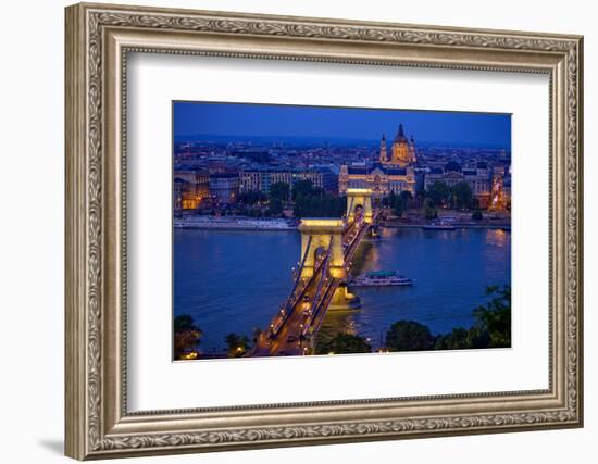 Europe, Hungary, Budapest. Chain Bridge Lit at Night-Jaynes Gallery-Framed Photographic Print