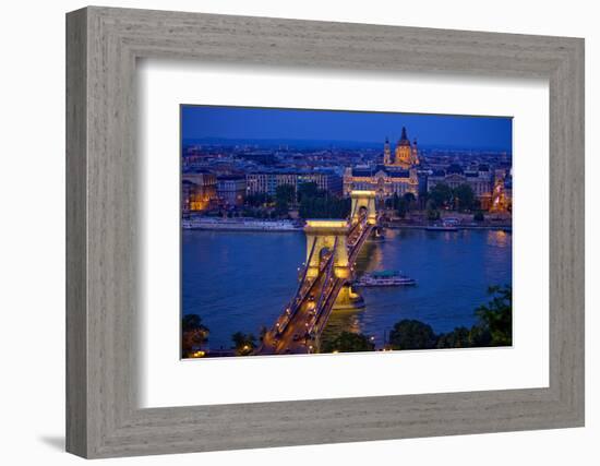 Europe, Hungary, Budapest. Chain Bridge Lit at Night-Jaynes Gallery-Framed Photographic Print