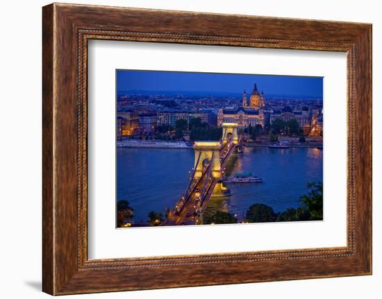 Europe, Hungary, Budapest. Chain Bridge Lit at Night-Jaynes Gallery-Framed Photographic Print