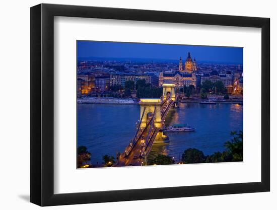 Europe, Hungary, Budapest. Chain Bridge Lit at Night-Jaynes Gallery-Framed Photographic Print