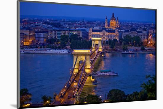 Europe, Hungary, Budapest. Chain Bridge Lit at Night-Jaynes Gallery-Mounted Photographic Print