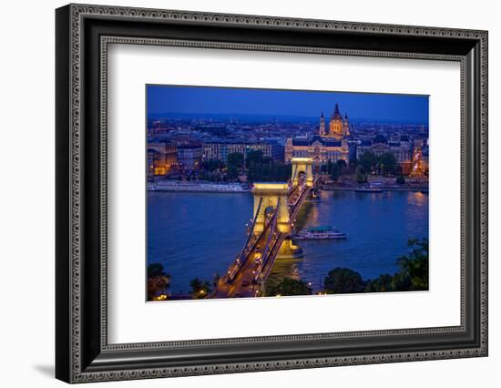 Europe, Hungary, Budapest. Chain Bridge Lit at Night-Jaynes Gallery-Framed Photographic Print