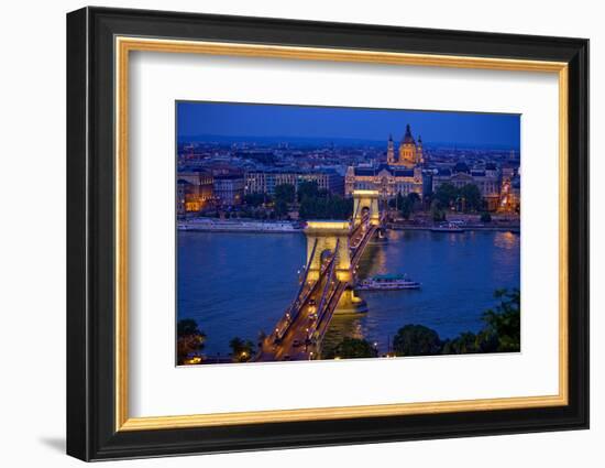 Europe, Hungary, Budapest. Chain Bridge Lit at Night-Jaynes Gallery-Framed Photographic Print