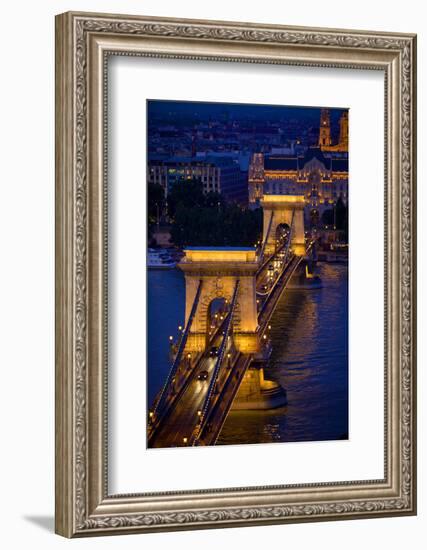 Europe, Hungary, Budapest. Chain Bridge Lit at Night-Jaynes Gallery-Framed Photographic Print