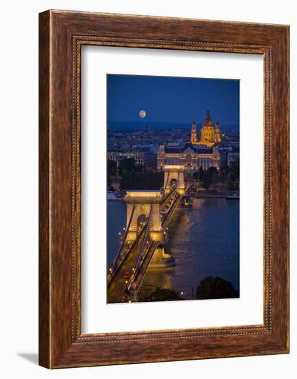 Europe, Hungary, Budapest. Chain Bridge Lit at Night-Jaynes Gallery-Framed Photographic Print