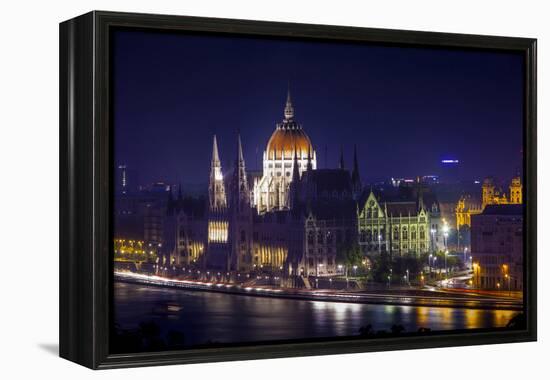 Europe, Hungary, Budapest. Parliament Building on Danube River at Night-Jaynes Gallery-Framed Premier Image Canvas