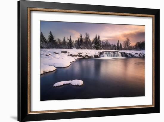 Europe, Iceland, Reykjavik, Waterfall At Sunset The Reykjavik-Aliaume Chapelle-Framed Photographic Print