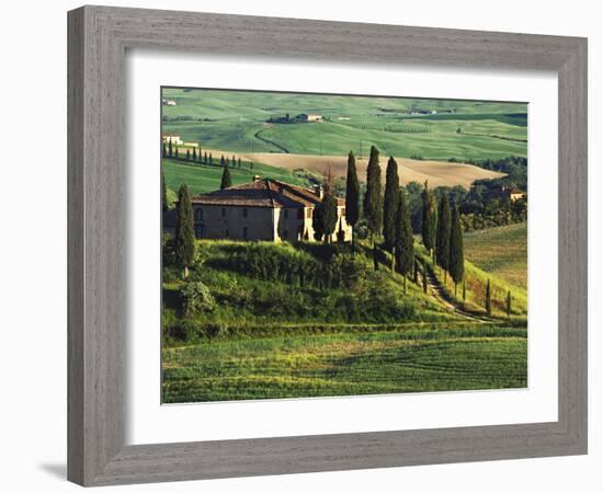 Europe, Italy. A pastoral Tuscany villa in Val d'Orcia-Dennis Flaherty-Framed Photographic Print