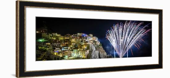 Europe, Italy, Liguria. Fireworks in Manarola for San Lorenzo-Catherina Unger-Framed Photographic Print