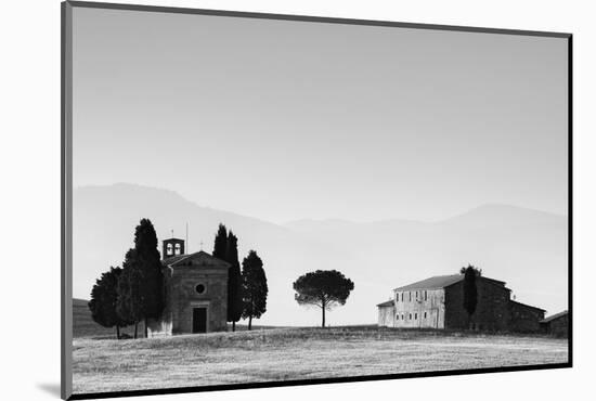 Europe, Italy, Tuscany. B&W of Vitaleta Chapel and Farmhouse-Jaynes Gallery-Mounted Photographic Print