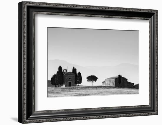 Europe, Italy, Tuscany. B&W of Vitaleta Chapel and Farmhouse-Jaynes Gallery-Framed Photographic Print