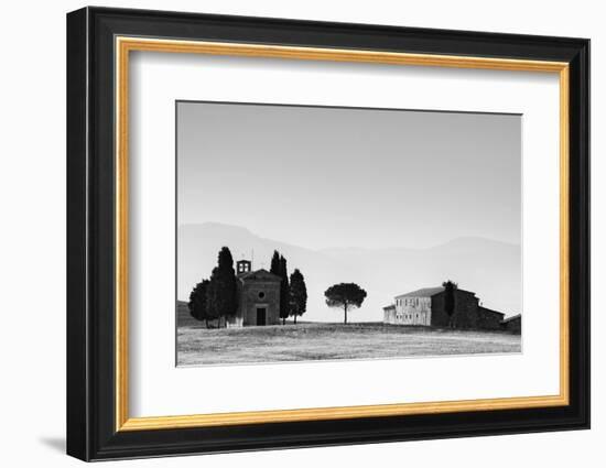 Europe, Italy, Tuscany. B&W of Vitaleta Chapel and Farmhouse-Jaynes Gallery-Framed Photographic Print