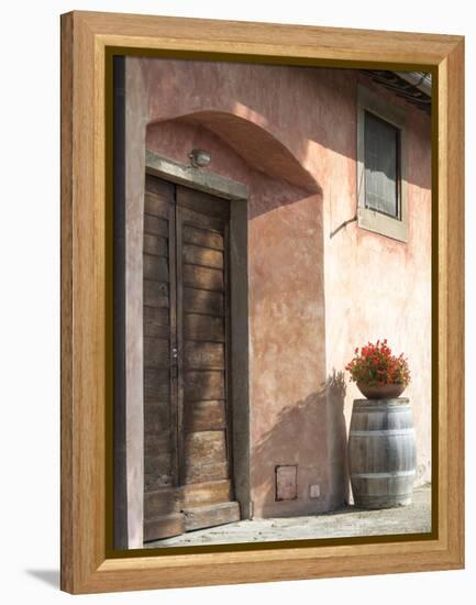 Europe, Italy, Tuscany. Flower Pot on Old Wine Barrel at Winery-Julie Eggers-Framed Premier Image Canvas