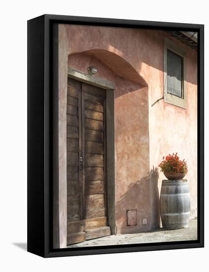 Europe, Italy, Tuscany. Flower Pot on Old Wine Barrel at Winery-Julie Eggers-Framed Premier Image Canvas