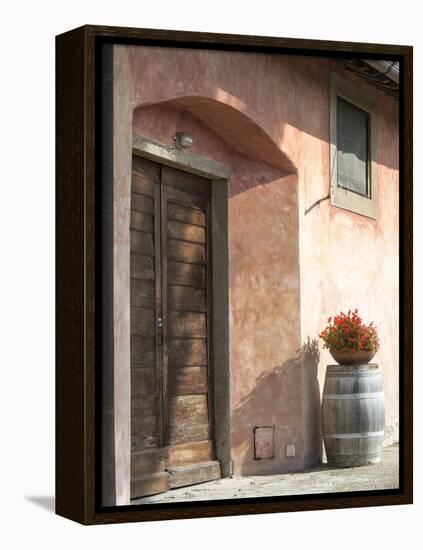 Europe, Italy, Tuscany. Flower Pot on Old Wine Barrel at Winery-Julie Eggers-Framed Premier Image Canvas