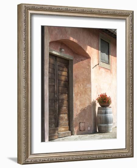 Europe, Italy, Tuscany. Flower Pot on Old Wine Barrel at Winery-Julie Eggers-Framed Photographic Print