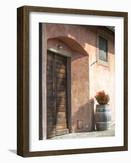 Europe, Italy, Tuscany. Flower Pot on Old Wine Barrel at Winery-Julie Eggers-Framed Photographic Print