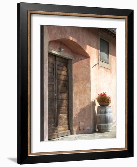 Europe, Italy, Tuscany. Flower Pot on Old Wine Barrel at Winery-Julie Eggers-Framed Photographic Print