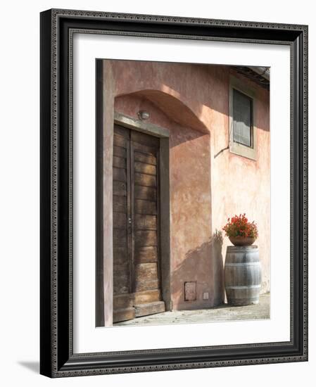 Europe, Italy, Tuscany. Flower Pot on Old Wine Barrel at Winery-Julie Eggers-Framed Photographic Print