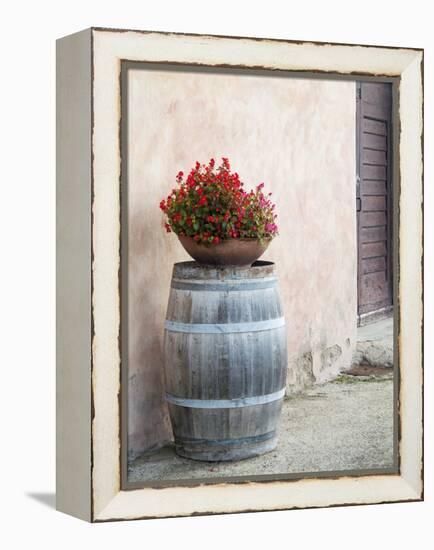 Europe, Italy, Tuscany. Flower Pot on Old Wine Barrel at Winery-Julie Eggers-Framed Premier Image Canvas