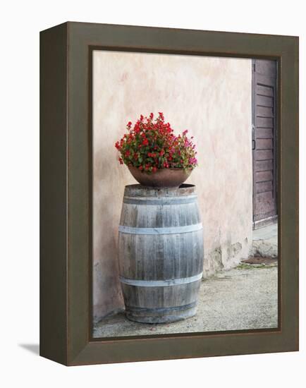 Europe, Italy, Tuscany. Flower Pot on Old Wine Barrel at Winery-Julie Eggers-Framed Premier Image Canvas