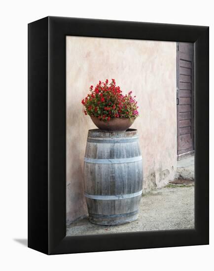 Europe, Italy, Tuscany. Flower Pot on Old Wine Barrel at Winery-Julie Eggers-Framed Premier Image Canvas