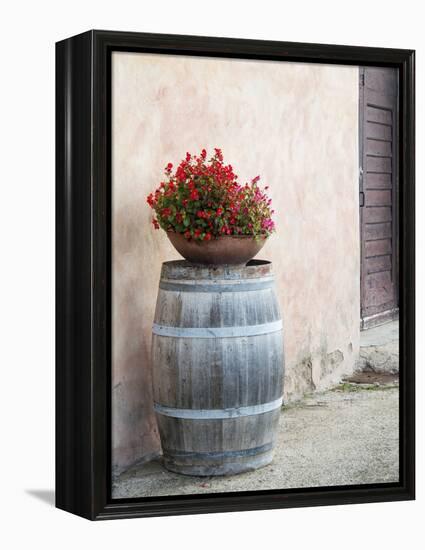 Europe, Italy, Tuscany. Flower Pot on Old Wine Barrel at Winery-Julie Eggers-Framed Premier Image Canvas