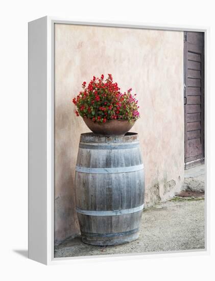 Europe, Italy, Tuscany. Flower Pot on Old Wine Barrel at Winery-Julie Eggers-Framed Premier Image Canvas