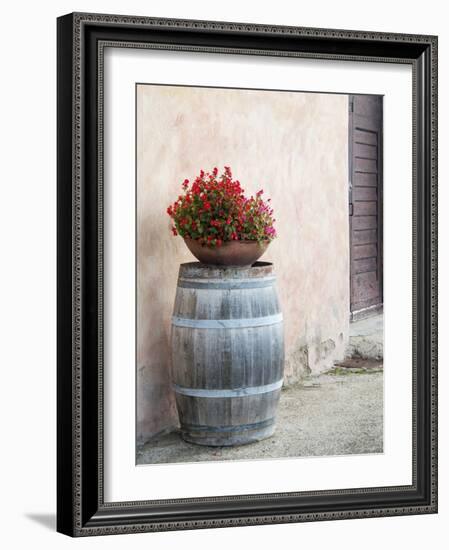 Europe, Italy, Tuscany. Flower Pot on Old Wine Barrel at Winery-Julie Eggers-Framed Photographic Print