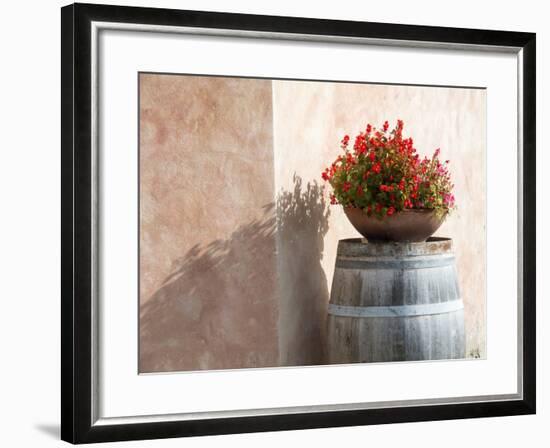 Europe, Italy, Tuscany. Flower Pot on Old Wine Barrel at Winery-Julie Eggers-Framed Photographic Print