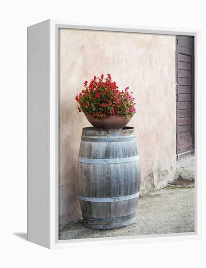 Europe, Italy, Tuscany. Flower Pot on Old Wine Barrel at Winery-Julie Eggers-Framed Premier Image Canvas