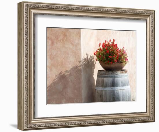 Europe, Italy, Tuscany. Flower Pot on Old Wine Barrel at Winery-Julie Eggers-Framed Photographic Print