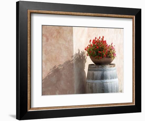 Europe, Italy, Tuscany. Flower Pot on Old Wine Barrel at Winery-Julie Eggers-Framed Photographic Print